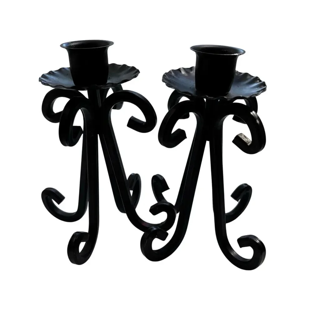 Vintage black wrought iron taper candle holders PAIR Spanish Revival mid century